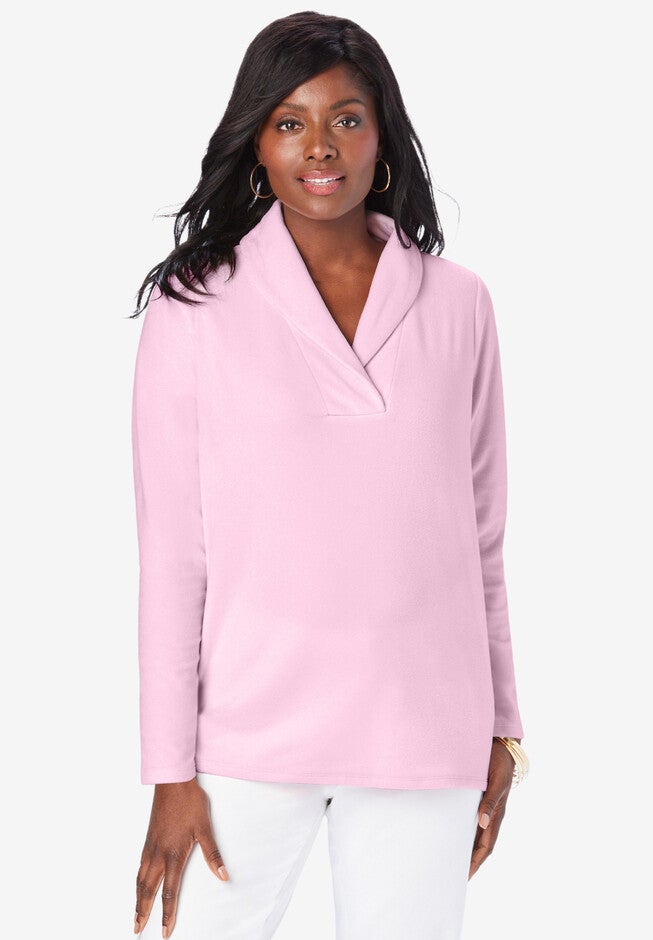 Shawl Collar Micro Fleece Top, PINK, hi-res image number 0