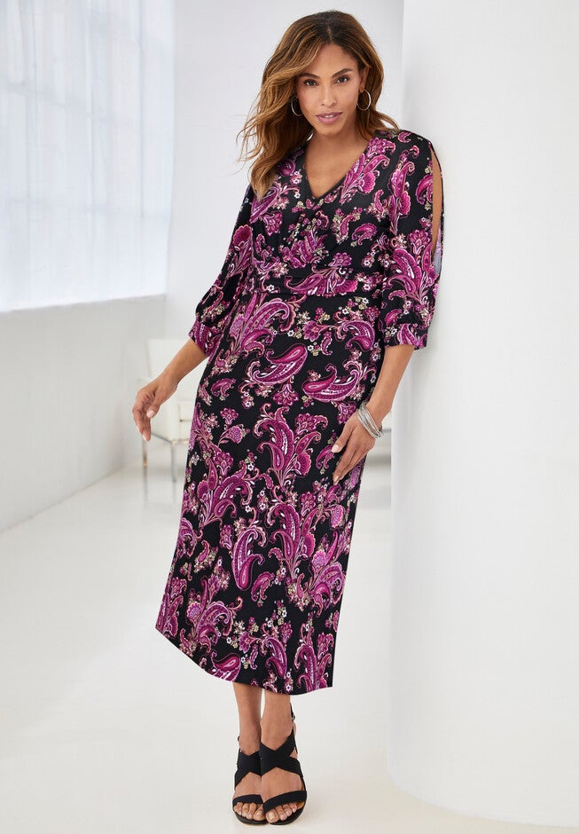 Stretch Knit Slit Sleeve Midi Dress, , alternate image number 4