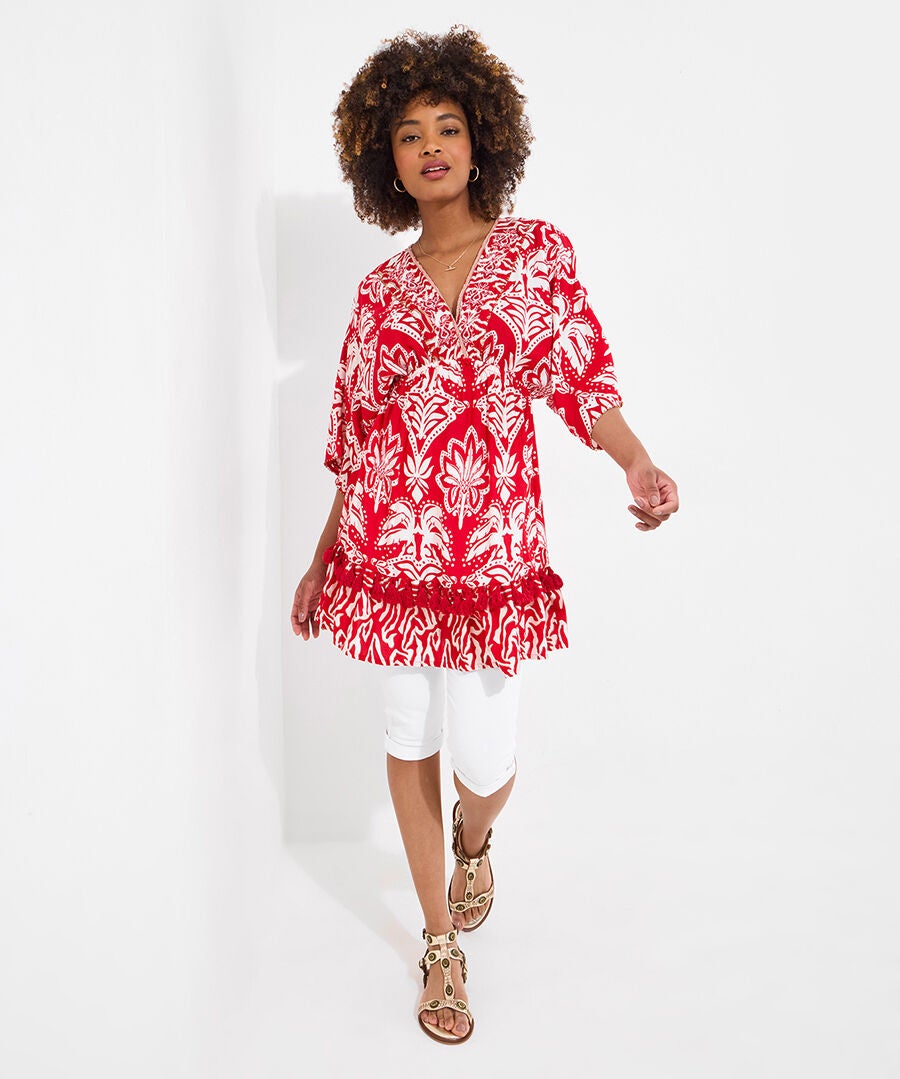 Batwing Tassel Tunic, MEGA RED PALMS, hi-res image number 0