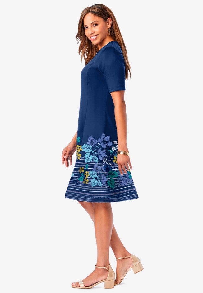 Stretch Ponte Flare Dress, EVENING BLUE STRIPED FLORAL BORDER, alternate image number 2