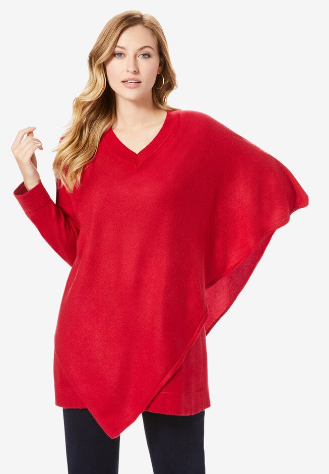 V-Neck Layered Poncho, CLASSIC RED, hi-res image number 0
