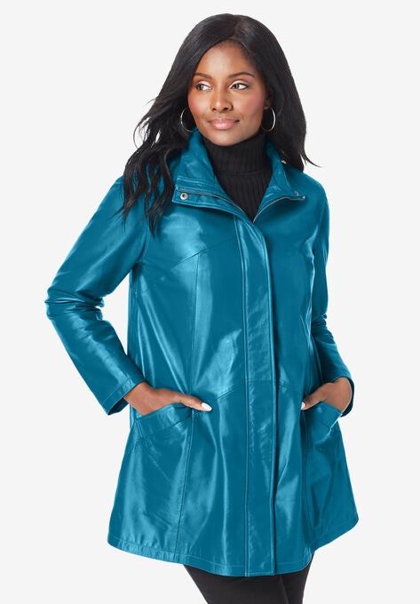 A-Line Zip Front Leather Jacket, DEEP TEAL, hi-res image number null