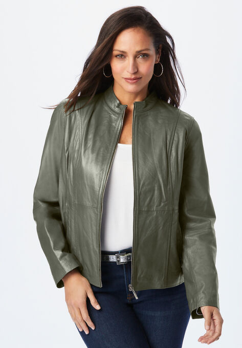 Zip Front Leather Jacket, DARK OLIVE GREEN, hi-res image number null