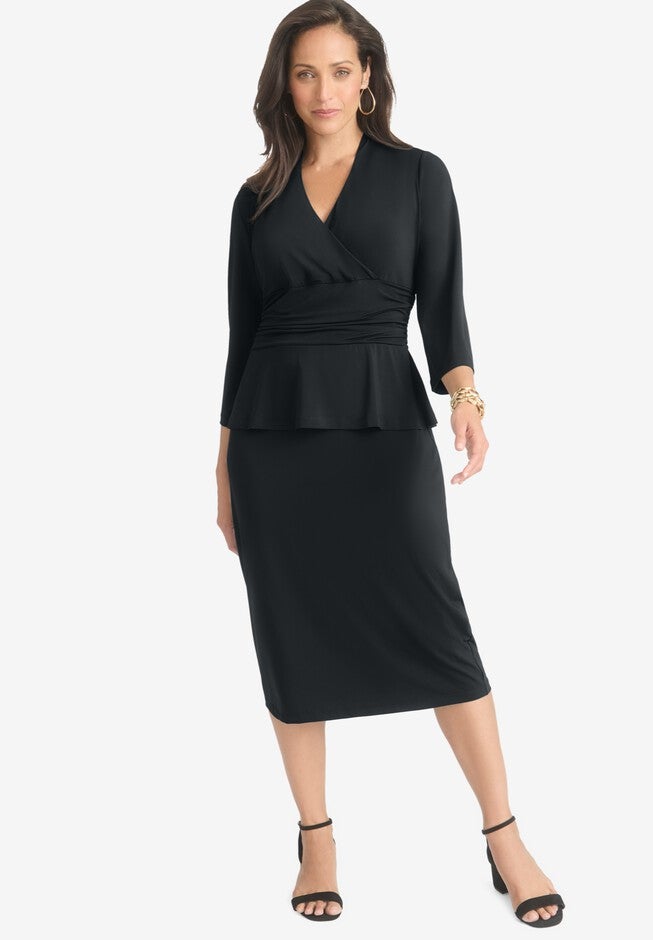 V-NECK PEPLUM MIDI DRESS, BLACK, hi-res image number null