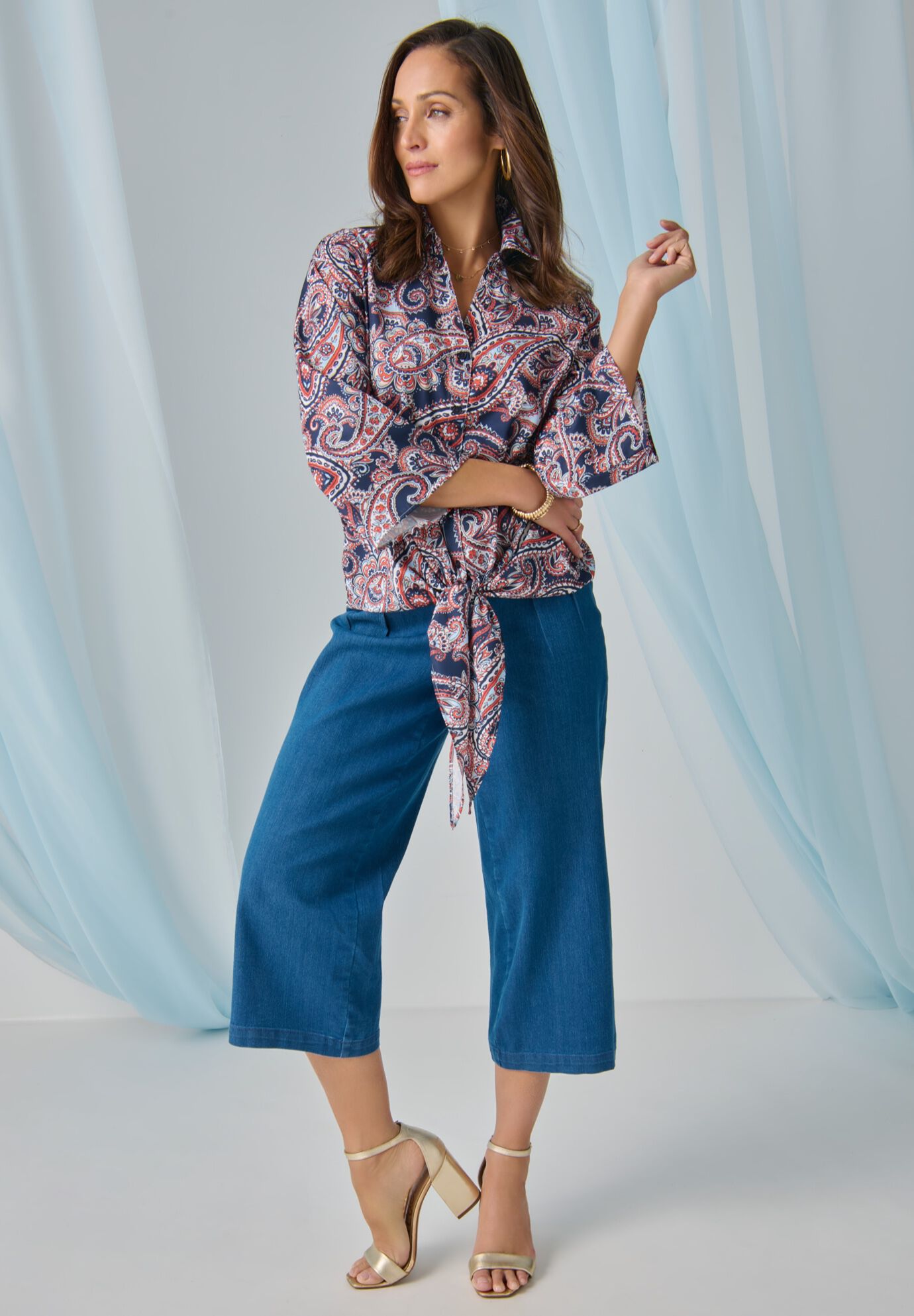 Tie-Front Collared Blouse, NAVY REFINED PAISLEY, hi-res image number 0