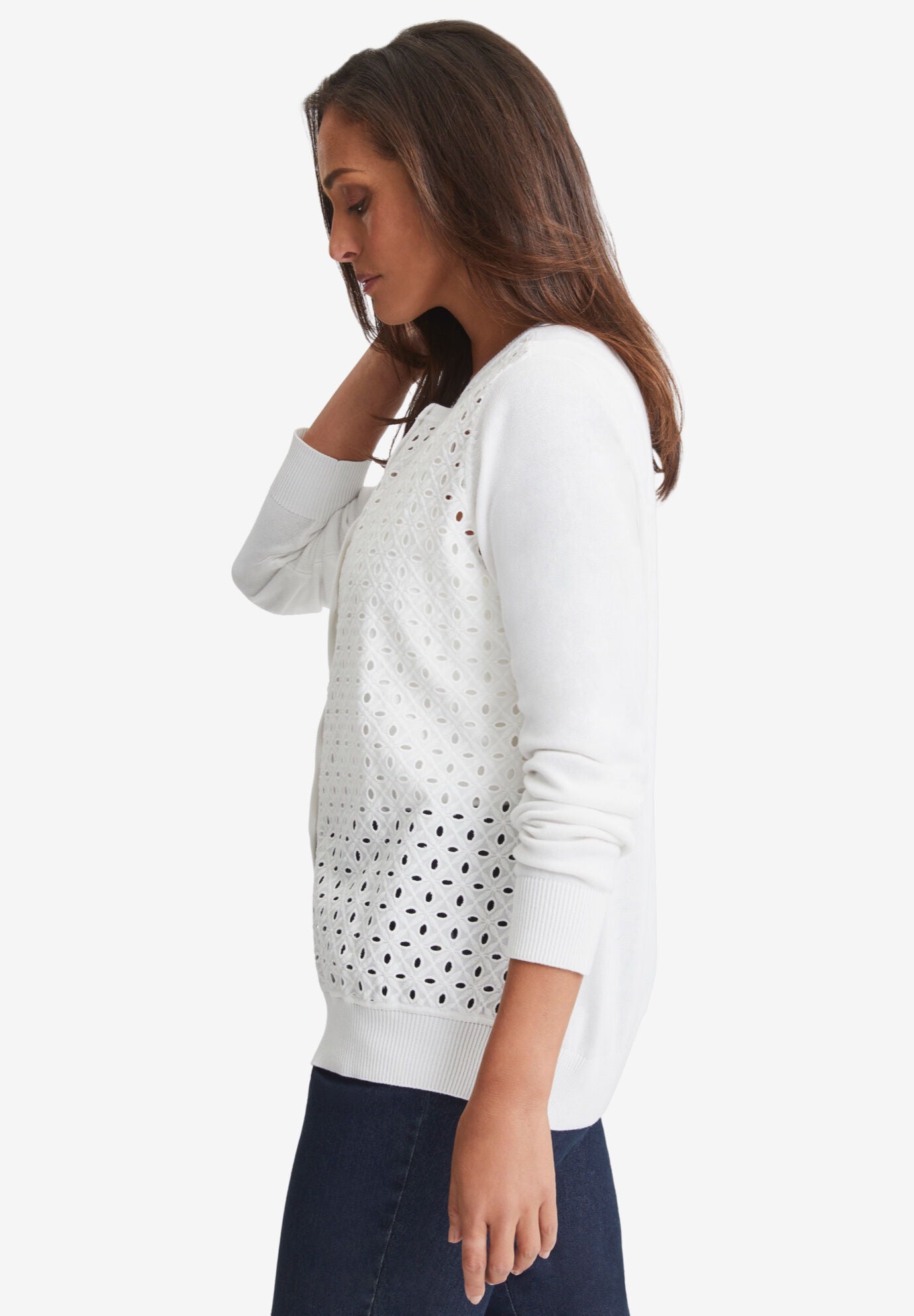Fine Gauge Eyelet Cardigan, WHITE, alternate image number 2