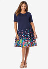 Ponte Flare Dress, NAVY GARDEN FLORAL, hi-res image number null