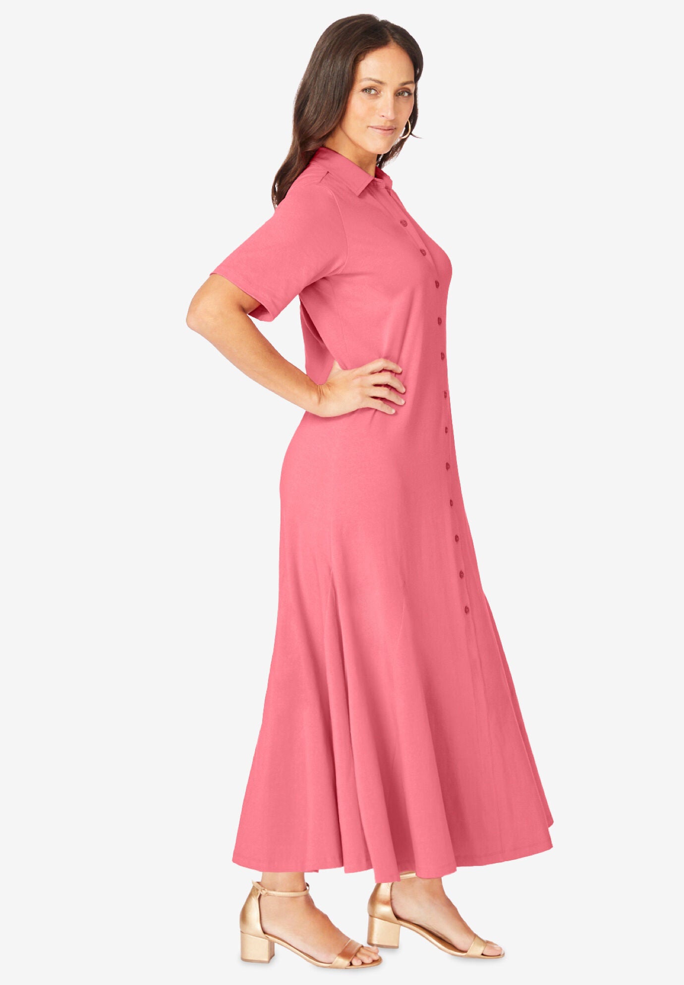 Stretch Cotton Button Front Maxi Dress, , alternate image number 2