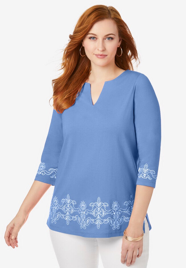 Embroidered Notch Neck Tunic, FRENCH BLUE EMBROIDERY, hi-res image number 0