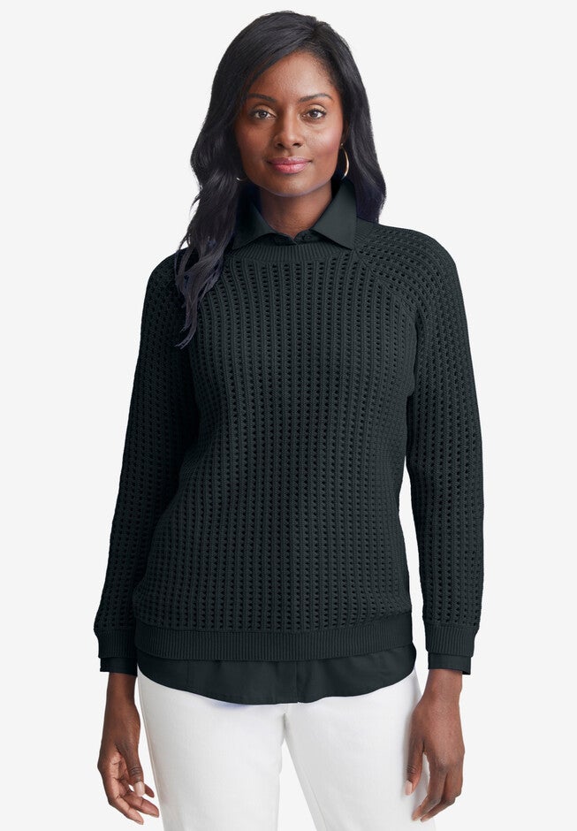 Pointelle Crewneck Sweater, BLACK, hi-res image number null