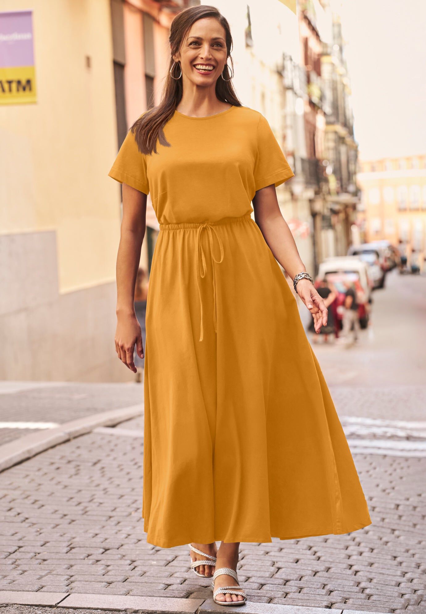 Stretch Cotton Drawstring Maxi Dress, RICH GOLD, hi-res image number 0