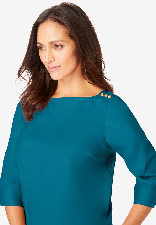 Stretch Poplin Button Boatneck Tunic, , alternate image number null