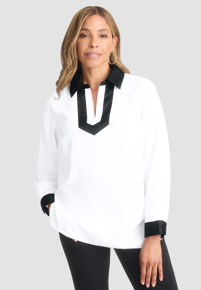 Georgette Satin Trim Blouse, WHITE BLACK TRIM, hi-res image number null