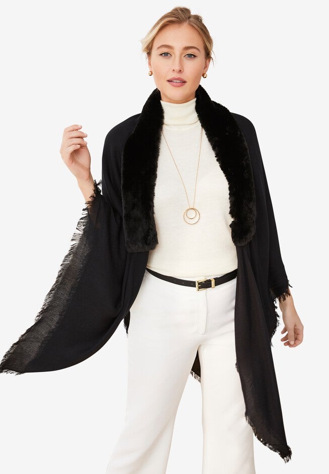 Faux-Fur Trim Shawl, BLACK, hi-res image number 0