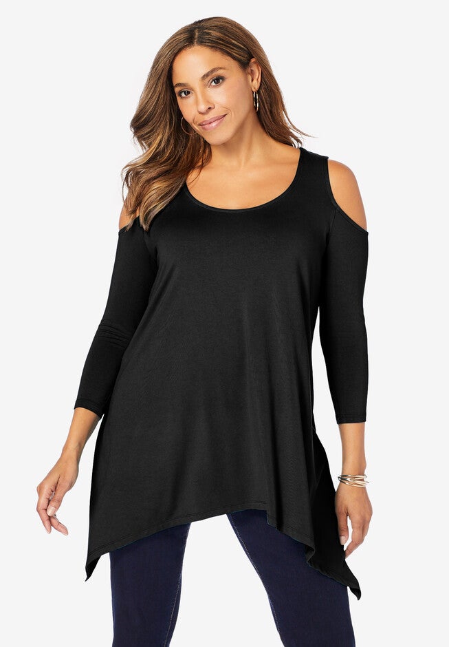 Cold Shoulder Hanky Hem Tunic, BLACK, hi-res image number 0