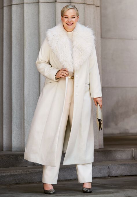 Long Wool-Blend Coat with Faux Fur Collar, , alternate image number null