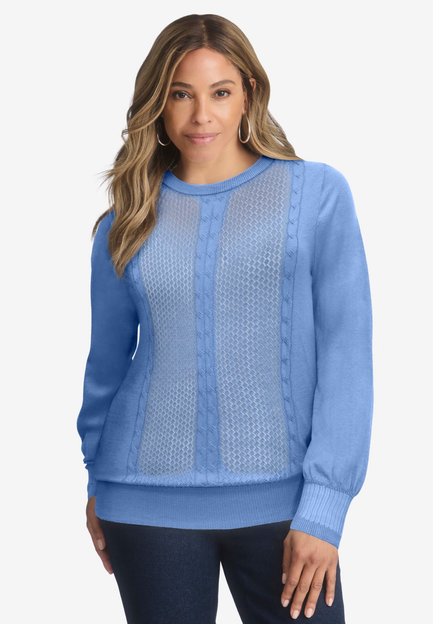 Cashmere Pointelle Cable Crew, FRENCH BLUE, hi-res image number 0
