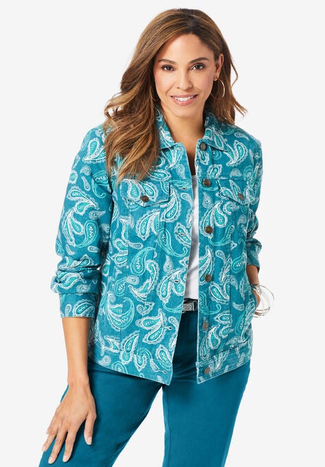 Classic Cotton Denim Jacket, DEEP TEAL SKETCH PAISLEY, hi-res image number null