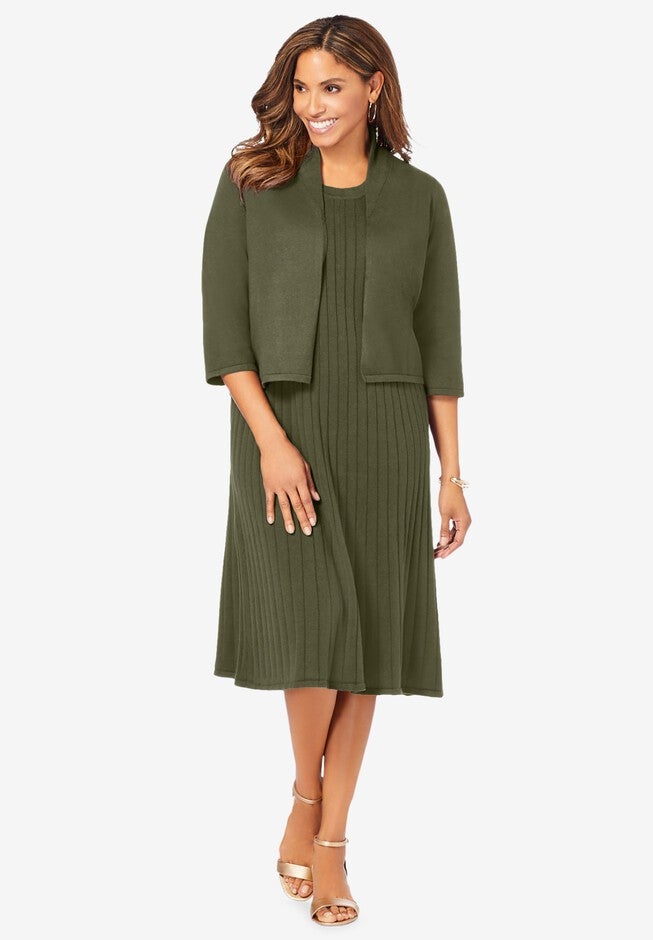 2-Piece Sweater Jacket Dress, DARK OLIVE GREEN, hi-res image number null