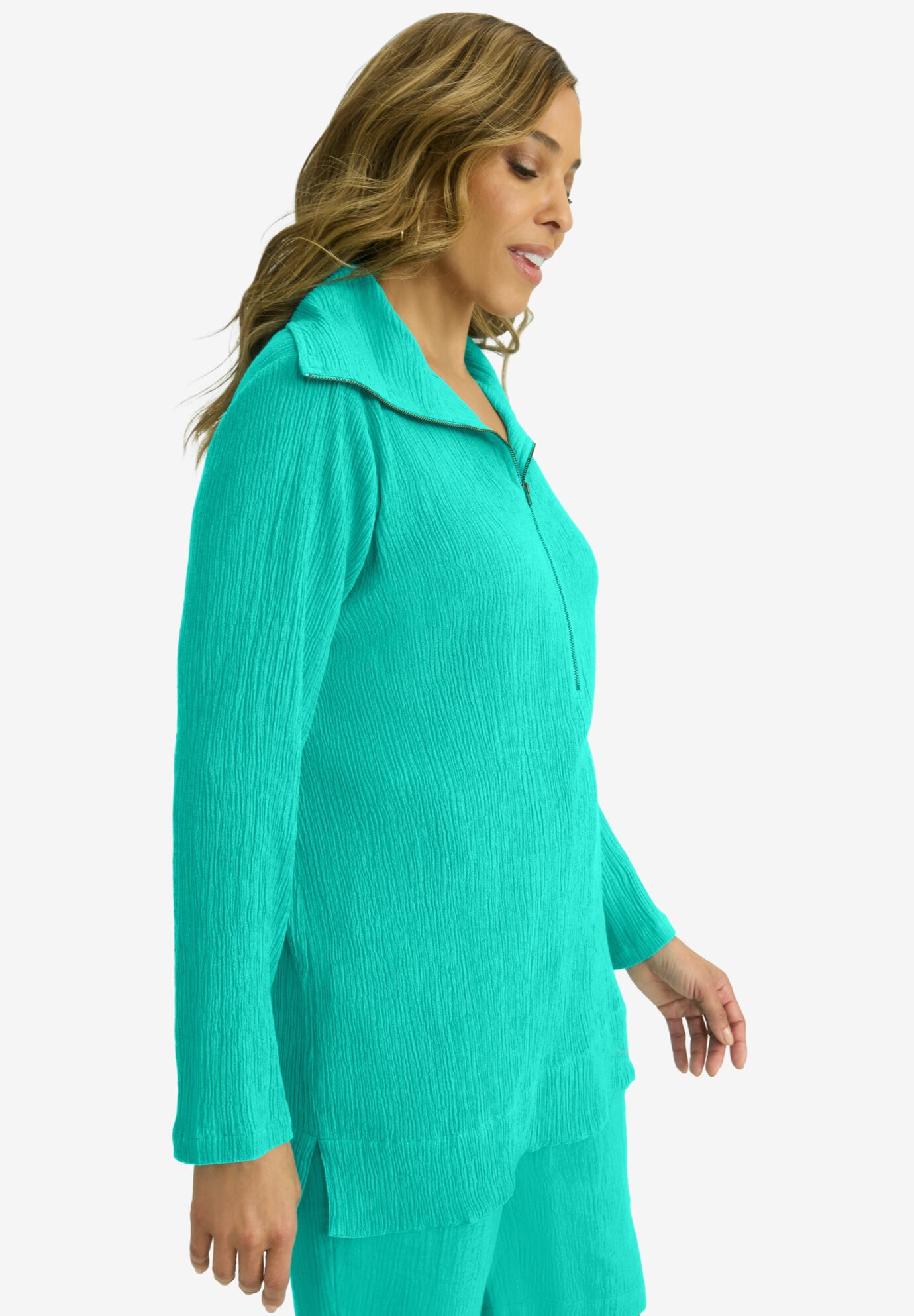 Gauze Half-Zip Tunic, AQUA SEA, alternate image number 1