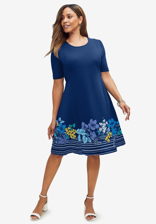 Stretch Ponte Flare Dress, EVENING BLUE STRIPED FLORAL BORDER, hi-res image number 0