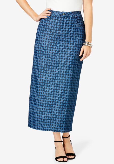 Classic Cotton Denim Midi Skirt, DENIM HOUNDSTOOTH, hi-res image number null