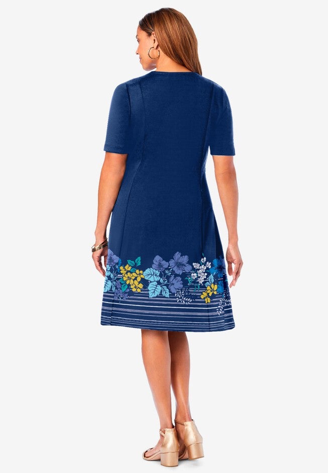 Stretch Ponte Flare Dress, EVENING BLUE STRIPED FLORAL BORDER, on-hover image number 1