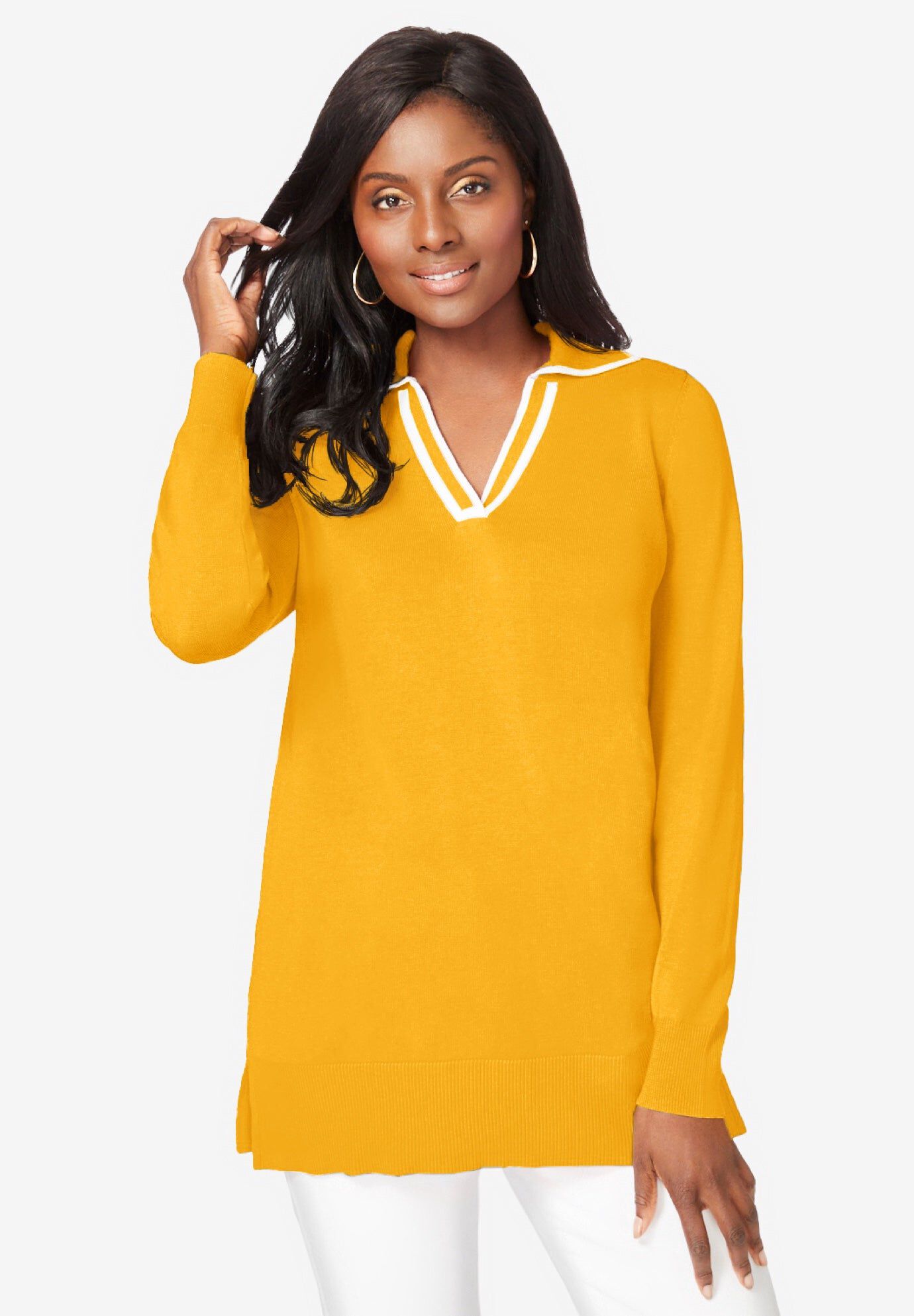 Fine Gauge Contrast Tipped Collar Sweater, SUNSET YELLOW WHITE, hi-res image number 0