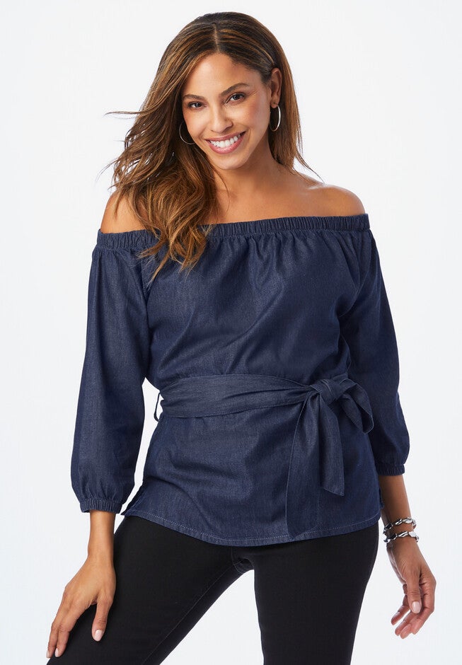 Off-The-Shoulder Denim Tunic, DARK WASH, hi-res image number 0