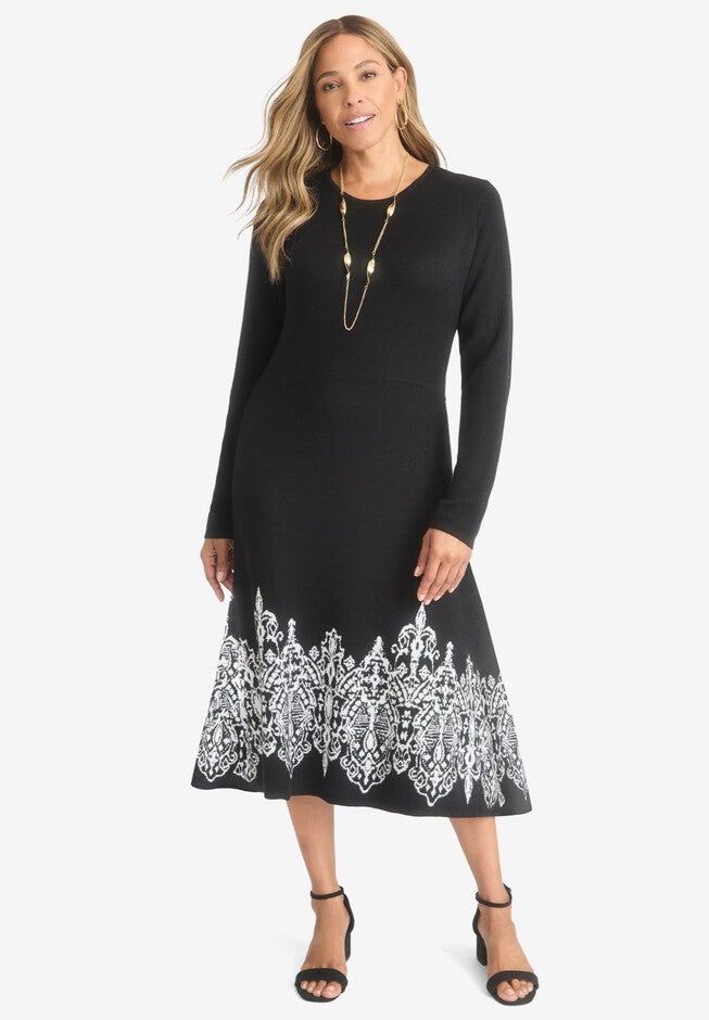 Jacquard Sweater Dress, BLACK MEDALLION, hi-res image number 0