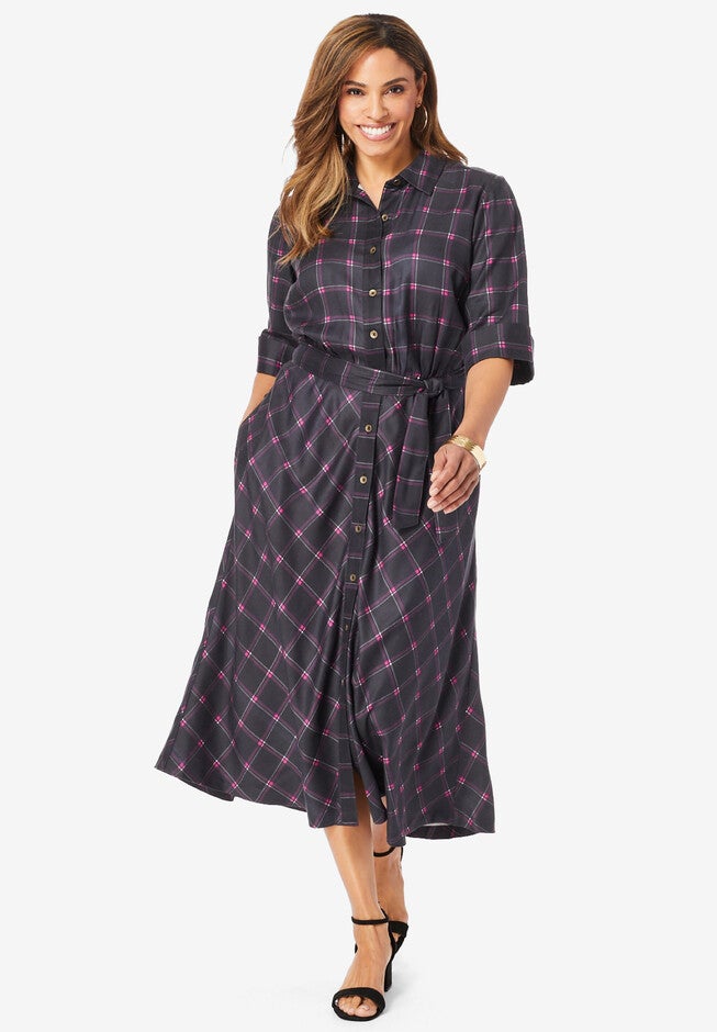 Rayon Shirt Dress, RASPBERRY GRID PLAID, hi-res image number 0