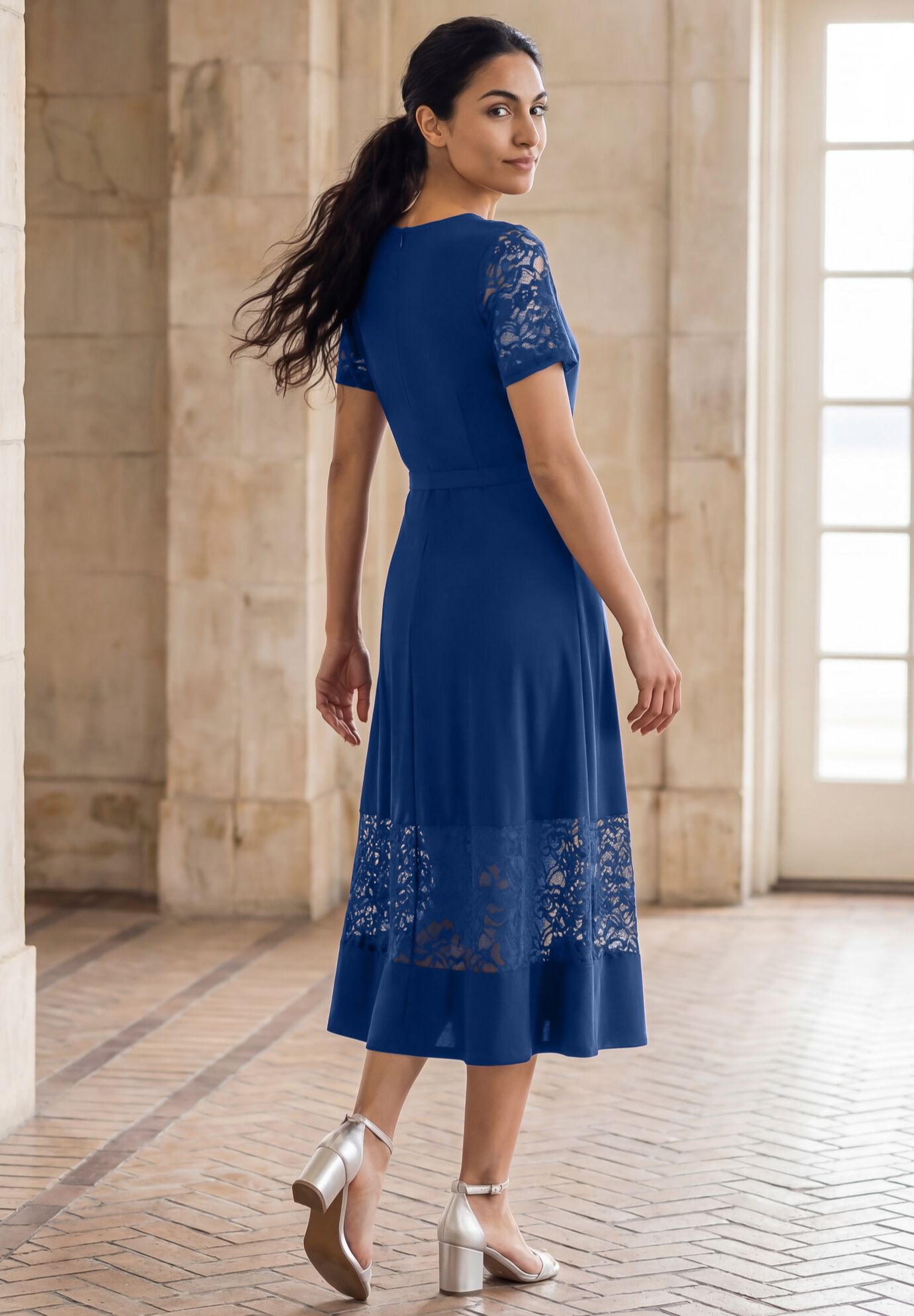 Lace Inset Fit-and-Flare Dress with Self Belt, EVENING BLUE, alternate image number 2