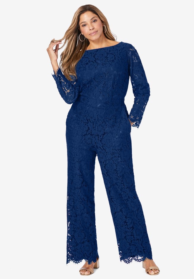 Wide Leg Lace Jumpsuit, EVENING BLUE, hi-res image number 0