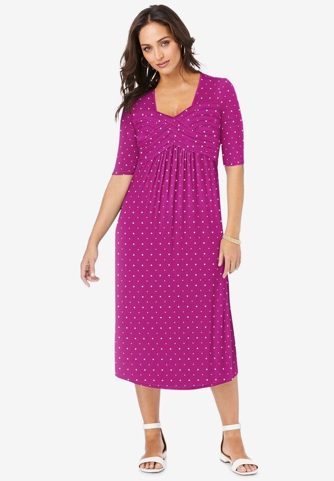 Stretch Knit Pleated Front Dress, RASPBERRY DOT, hi-res image number 0