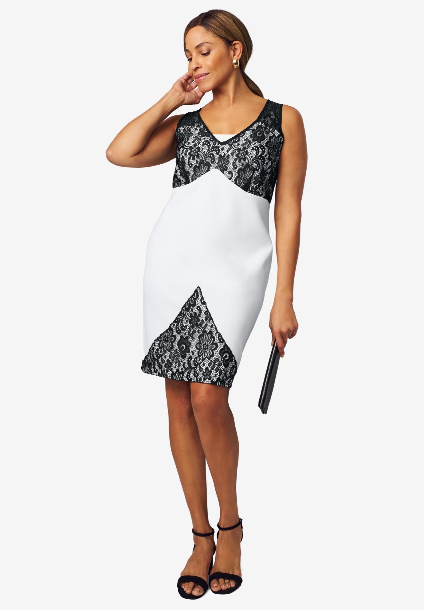 Lace Scuba Sheath Dress, BLACK WHITE, hi-res image number 0