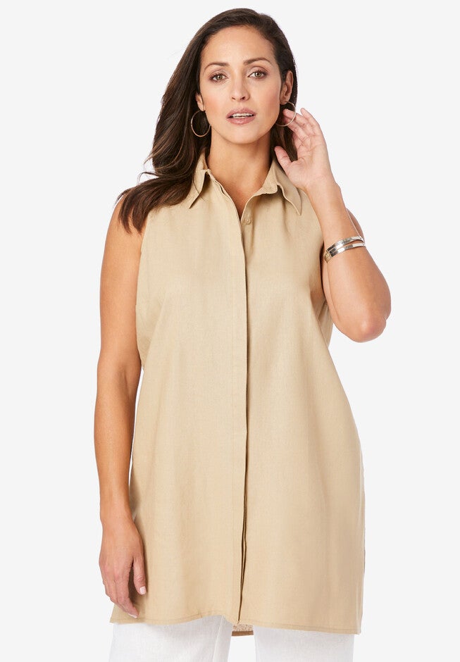 Linen-Blend Sleeveless Shirt, NEW KHAKI, hi-res image number 0