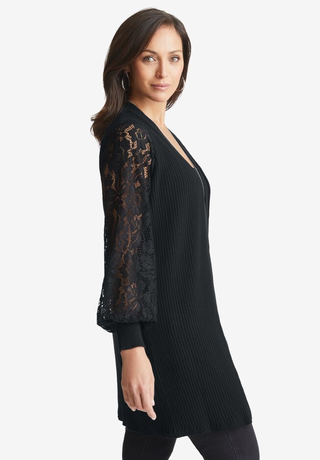 Rib Lace Sleeve Cardigan, , alternate image number null