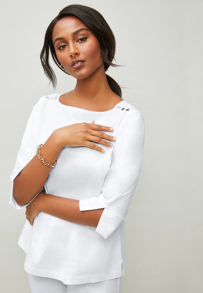 Stretch Poplin Button Boatneck Tunic, , alternate image number null