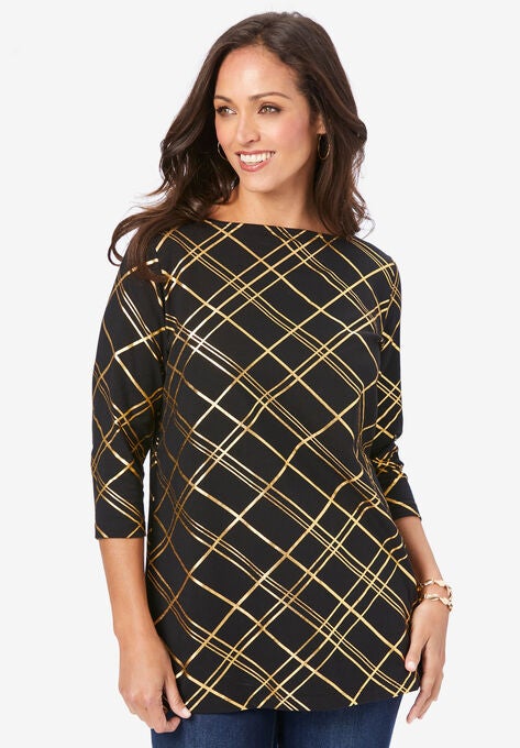 Holiday Print Tunic, BLACK METALLIC BIAS STRIPE, hi-res image number null