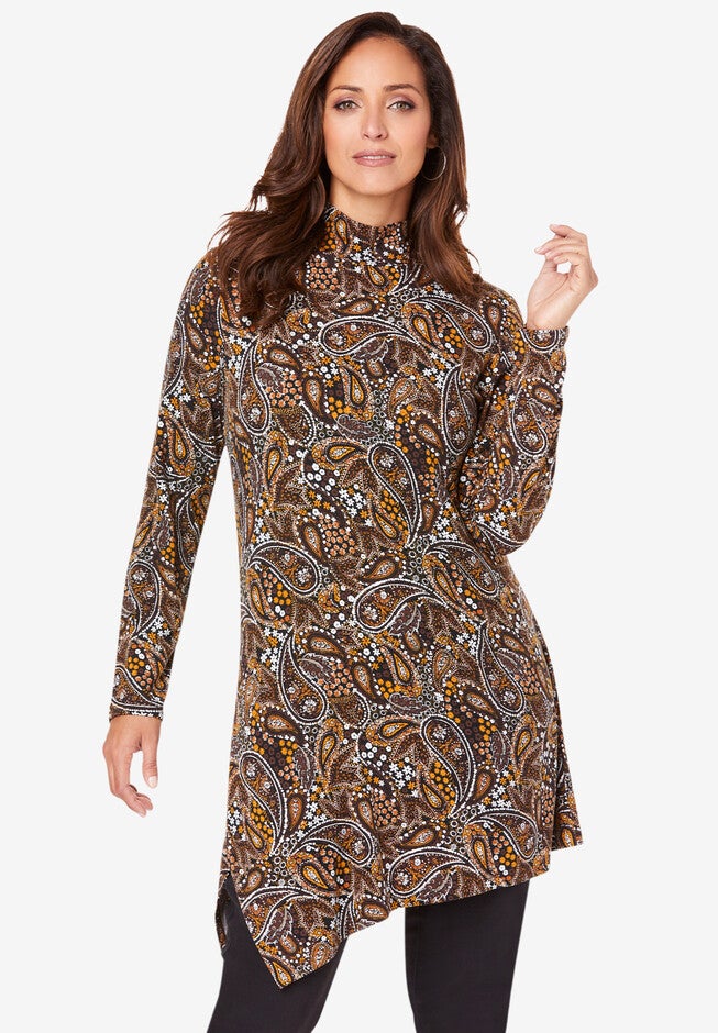 Point Hem Mockneck Tunic, BROWN GARDEN PAISLEY, hi-res image number 0