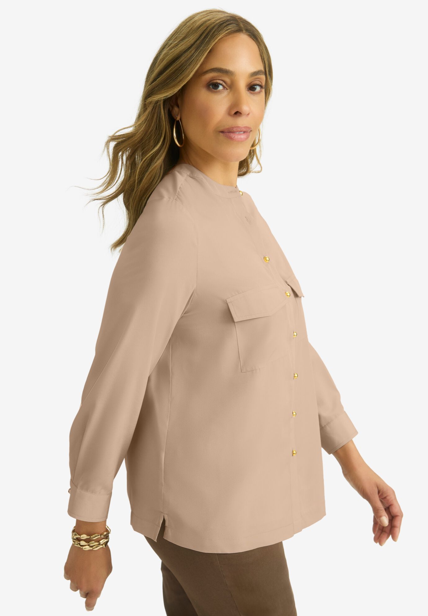 Button-Front Chest Pocket Blouse, NEW KHAKI, alternate image number 2