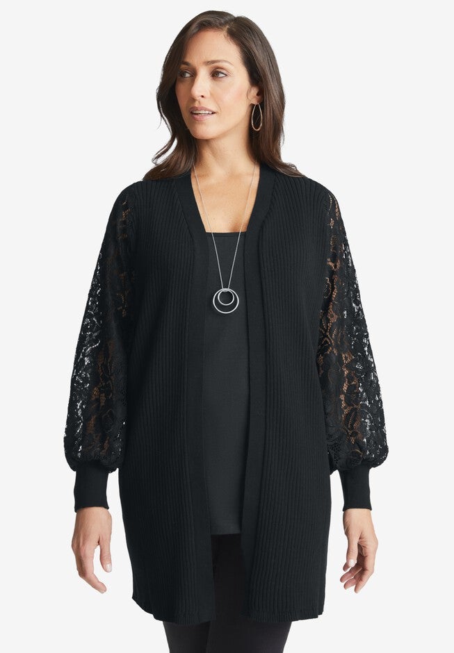 Rib Lace Sleeve Cardigan, BLACK, hi-res image number null