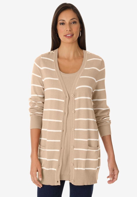 Long Cardigan, NEW KHAKI JACQUARD STRIPE, hi-res image number null