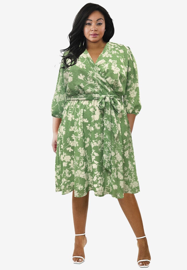 V-Neck Wrap Dress, GREEN, hi-res image number null