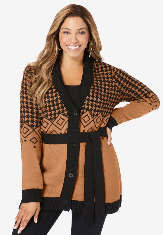 Fair Isle Cardi, BROWN MAPLE HOUNDSTOOTH FAIR ISLE, hi-res image number null
