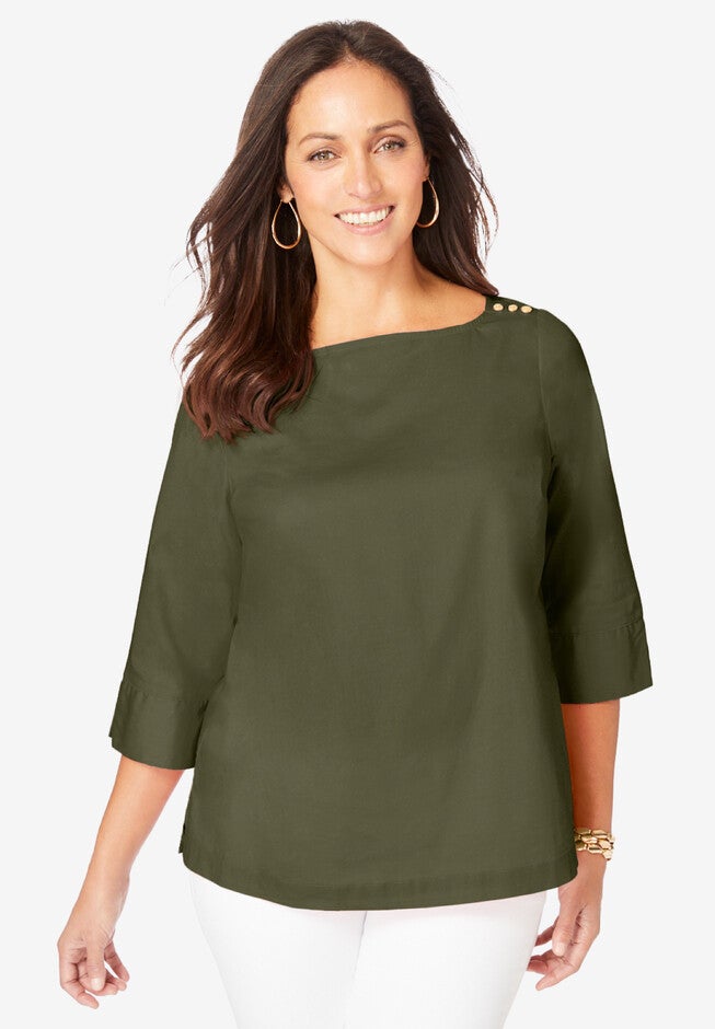 Stretch Poplin Button Boatneck Tunic, DARK OLIVE GREEN, hi-res image number null