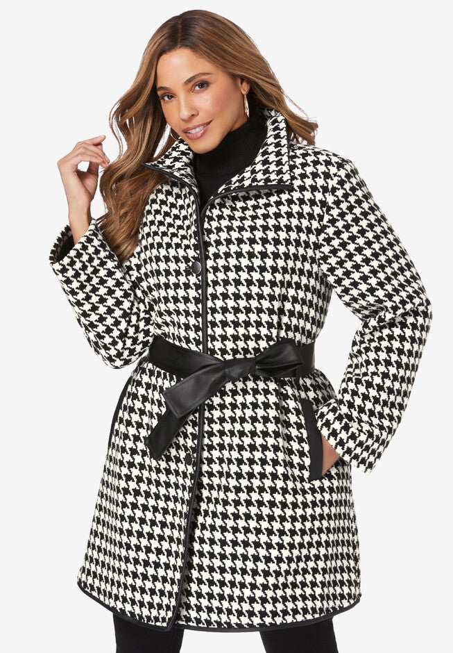 Faux Leather Trimmed Wool Jacket, IVORY HOUNDSTOOTH, hi-res image number 0