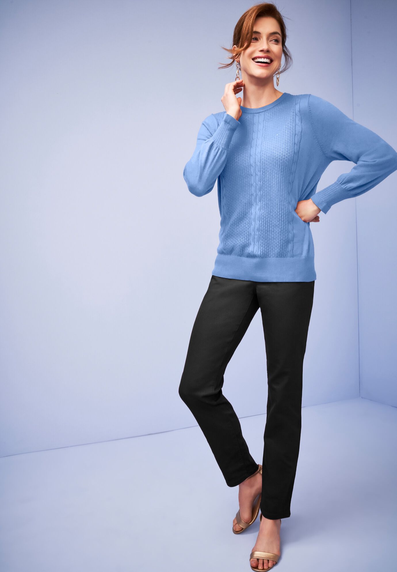 Cashmere Pointelle Cable Crew, , alternate image number 3