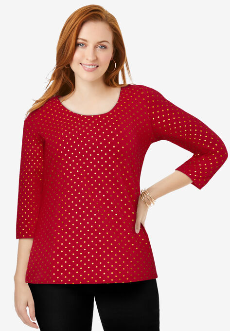 Embellished Scoop Neck Tee, CLASSIC RED GOLD DOT, hi-res image number null