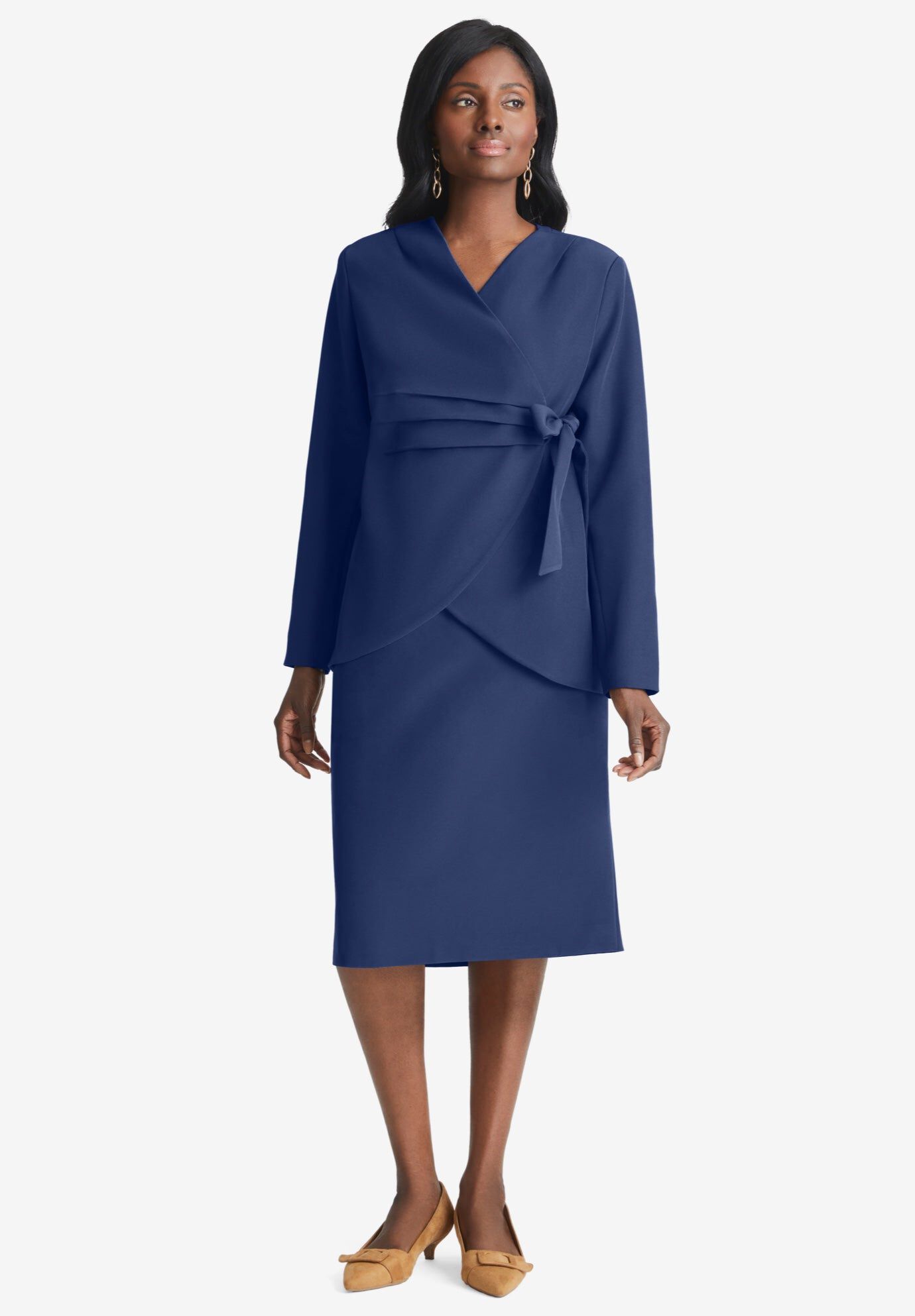 2-Piece Wrap Jacket Skirt Suit, NAVY, hi-res image number 0